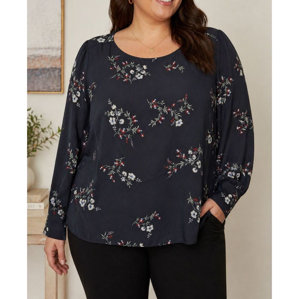 Ann Taylor Floral Blouse XXL Black Long Sleeve Sheer Lightweight Top